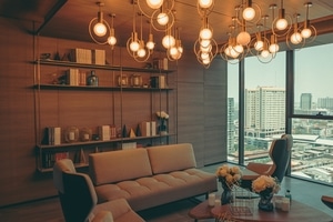 modern living room with a city view